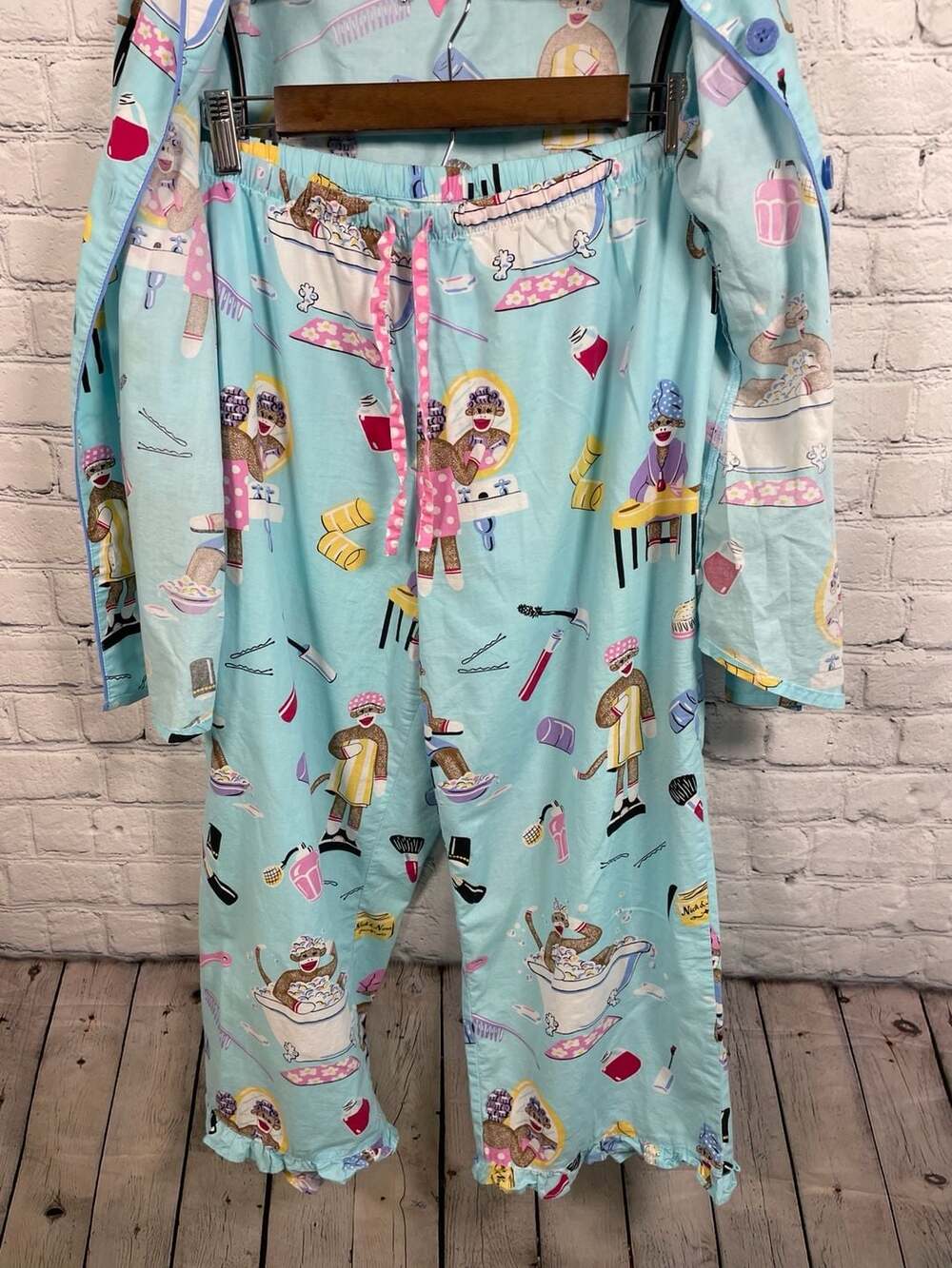 Nick & Nora Sock Monkey Spa Day 100% Cotton Pajama Set Size L - Picture 7 of 8